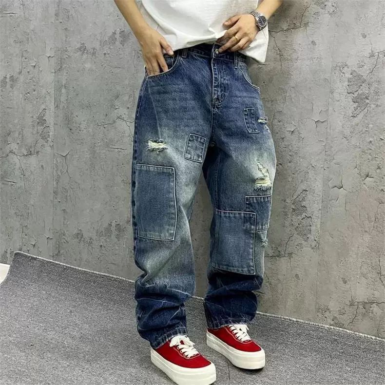 Streetwear Brand Denim - Marken-Splicing-Jeans Herbstmode Lose Gerade Haremshose Gewaschene